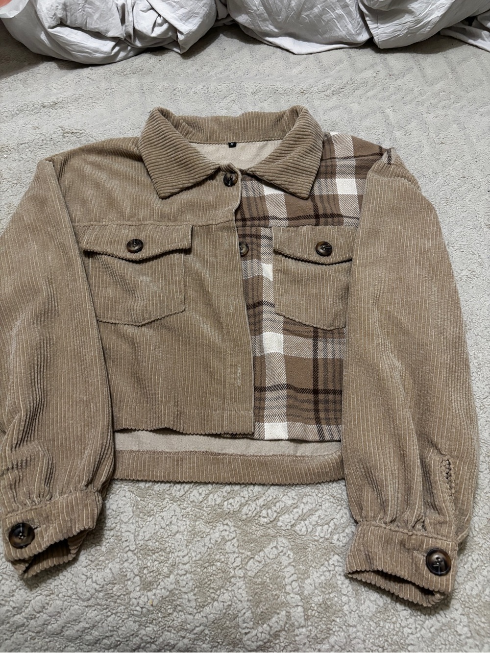 Cropped Corduroy Plaid Patch Jacket in Beige